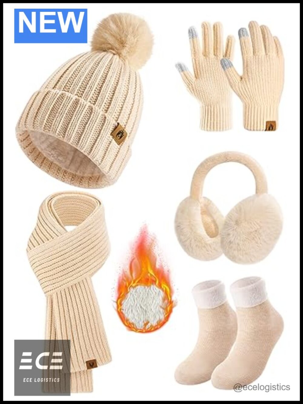 5Pc Women's Winter Set Beanie Scarf Touchscreen Gloves Earmuffs Socks Acrylic